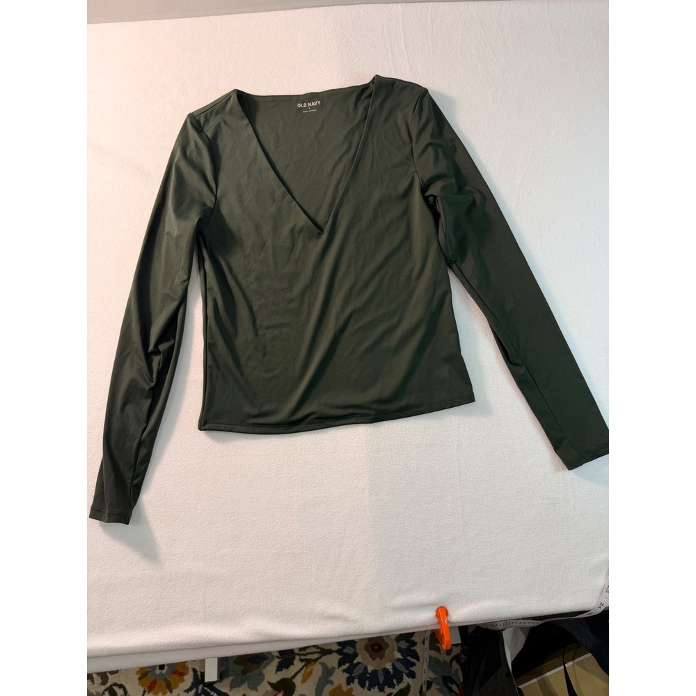 Old Navy Double Layer Shirt Womens S Green V-Neck Long Sleeve Minimalist Classic